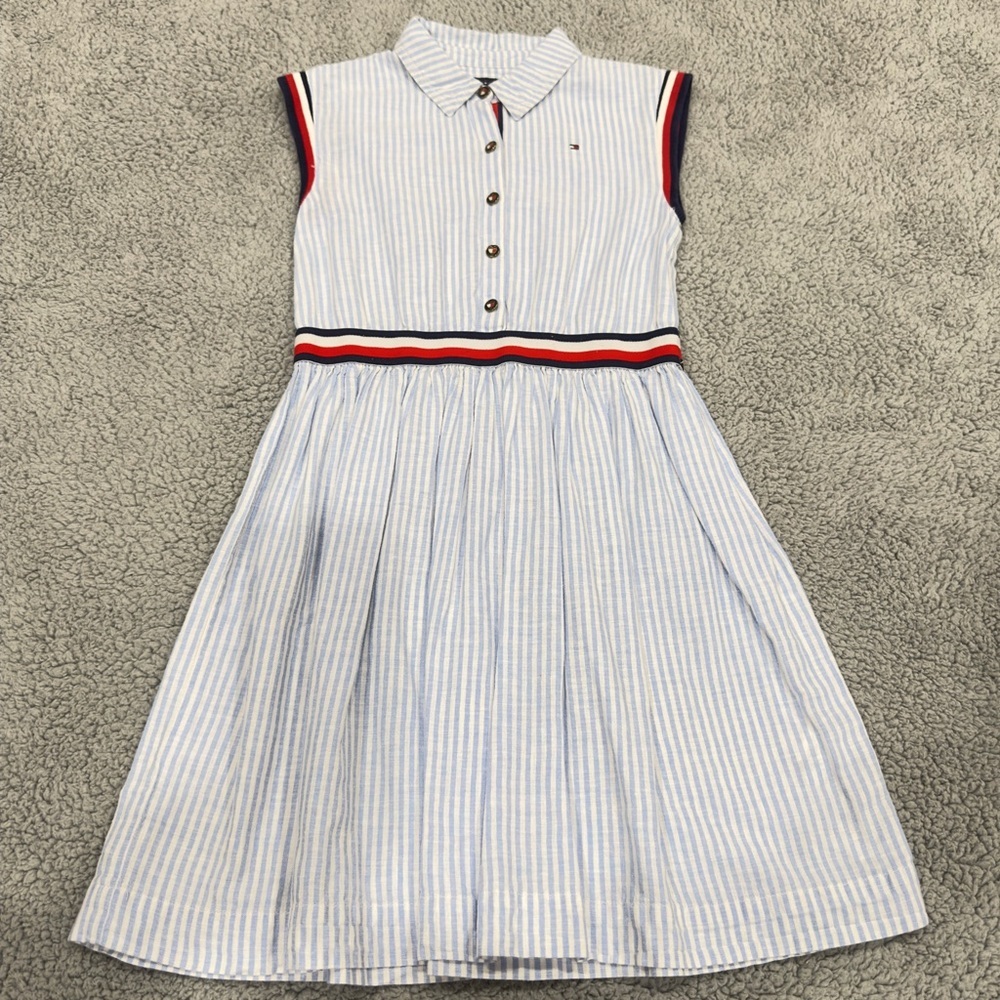👉 Tommy Hilfiger Girls Blue White Striped Dress Size 8 Sleeveless Collared